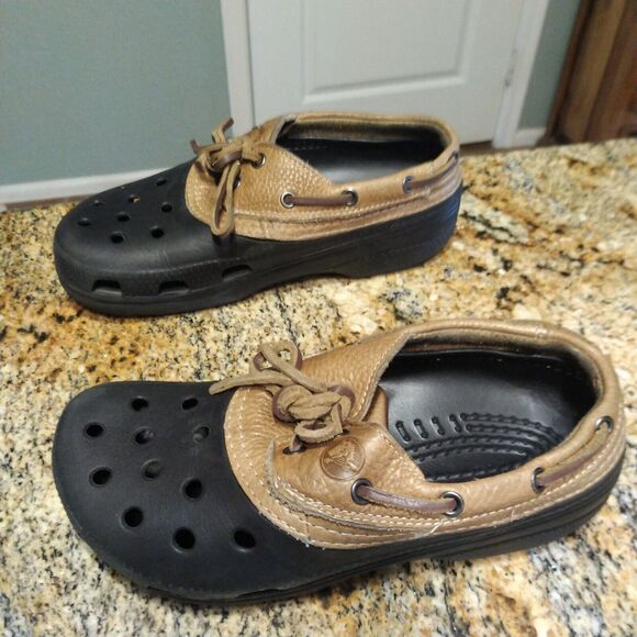 Crocs Islander Sport Pitcrew Black Brown Leather Sandals Lace up Size M6/W8 - Picture 1 of 12